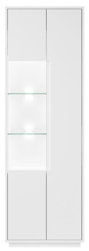 Moderne weiße Vitrine mit Glaseinsätzen und Beleuchtung, Frontalansicht