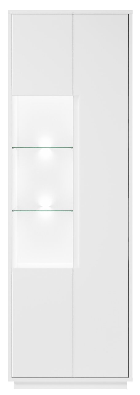 Moderne witte vitrinekast met glazen inzetstukken en verlichting, vooraanzicht