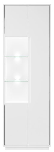 Moderne witte vitrinekast met glazen inzetstukken en verlichting, vooraanzicht
