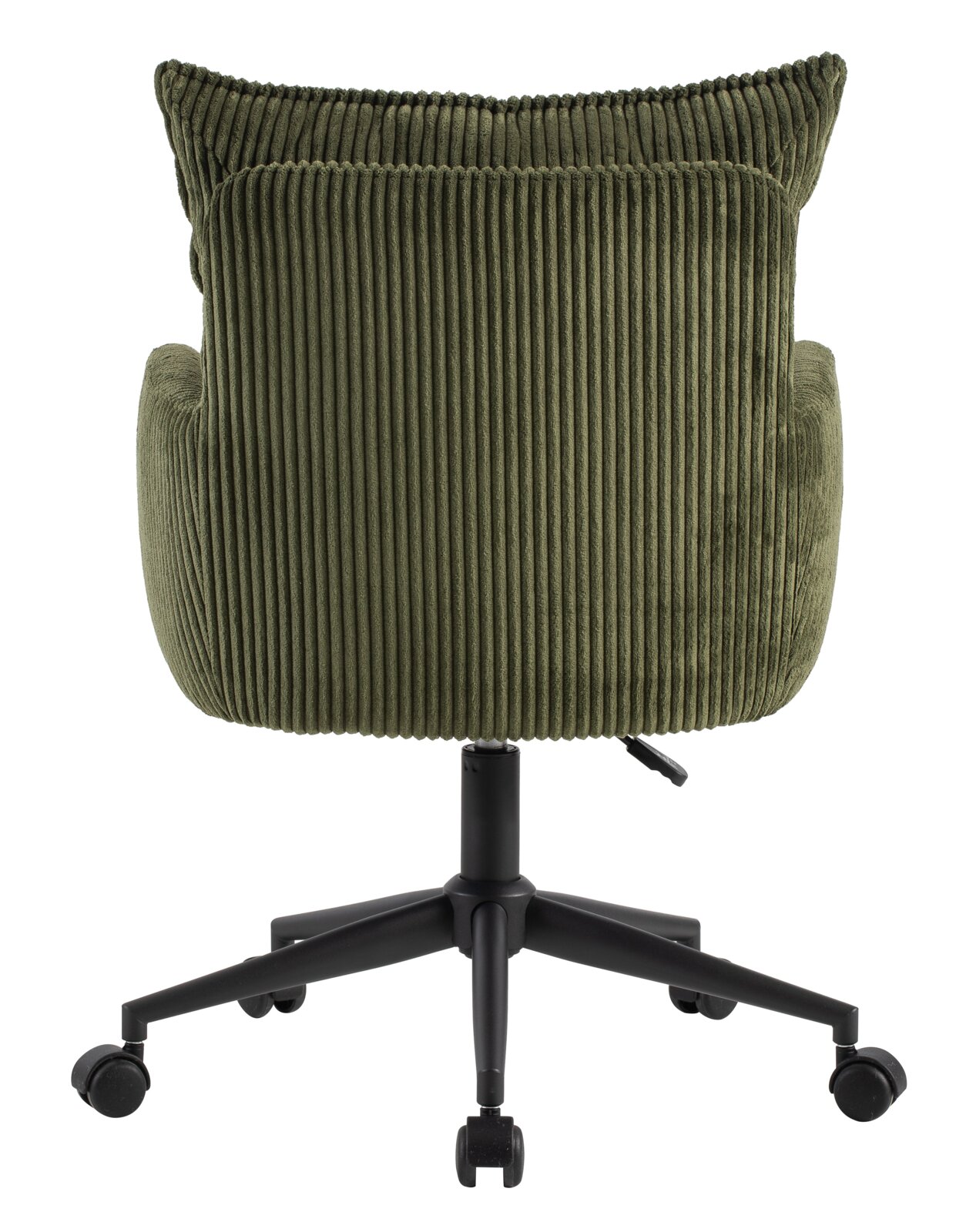 Achterkant van een groene draaistoel met geribbelde stoffen bekleding en een zwart onderstel op wieltjes.