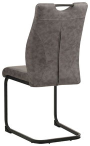 Rückansicht eines grauen Schwingstuhls mit schwarzem Metallgestell