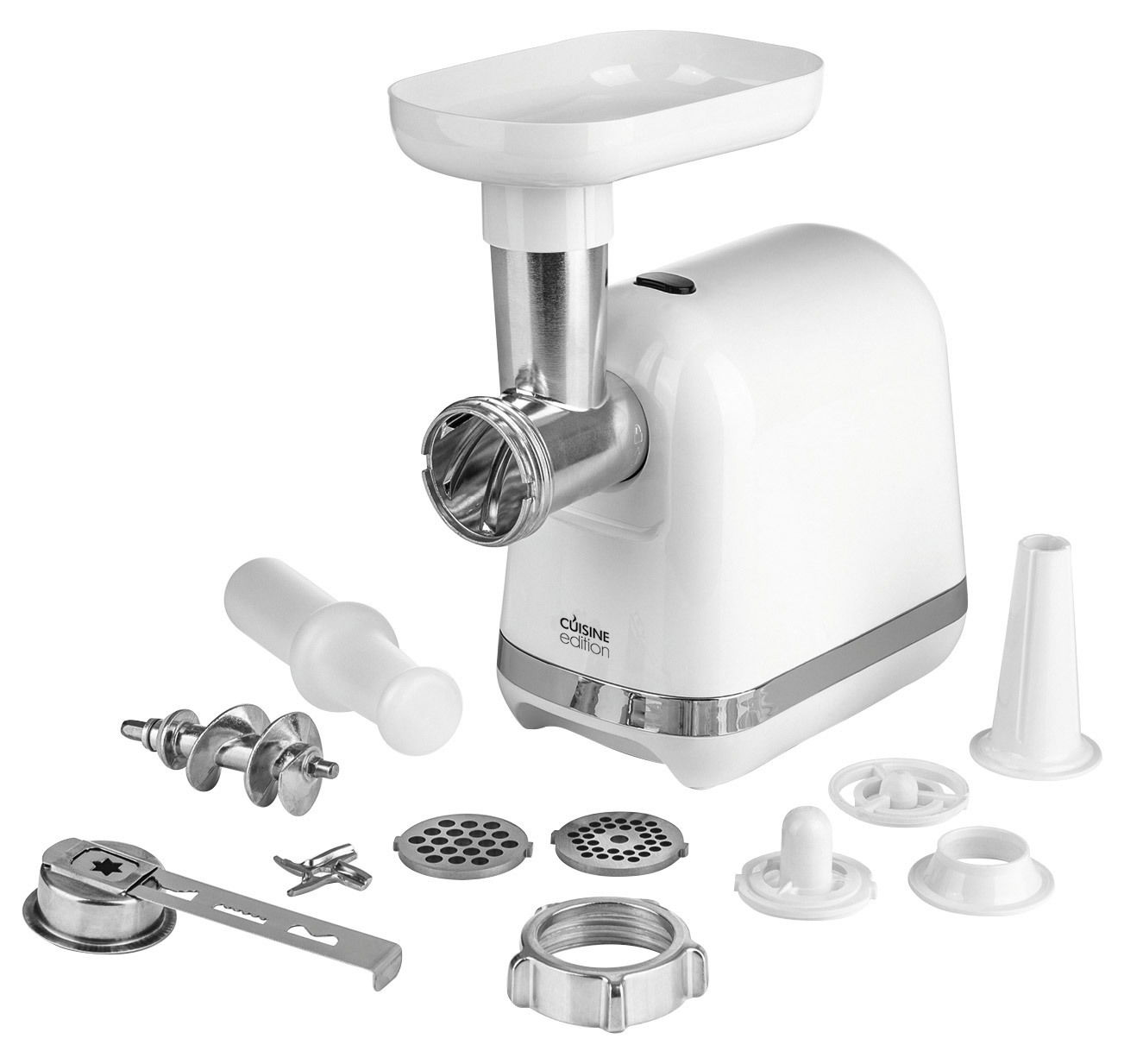 Fleischwolf Cuisine Edition 13 in Weiß mit Zubehör, seitliche Perspektive
