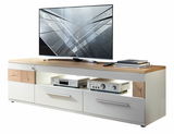 TV-Medienboard aus Holz und Weiß mit Schubladen und offenen Fächern, seitliche Perspektive