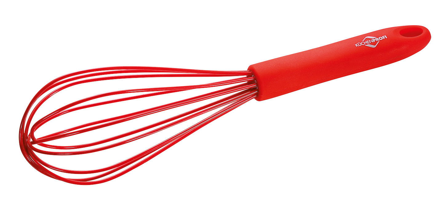 Roter Schneebesen TREND mit ergonomischem Griff, seitliche Perspektive