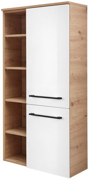 Midischrank mit Holzoptik und weißen Türen, seitliche Perspektive