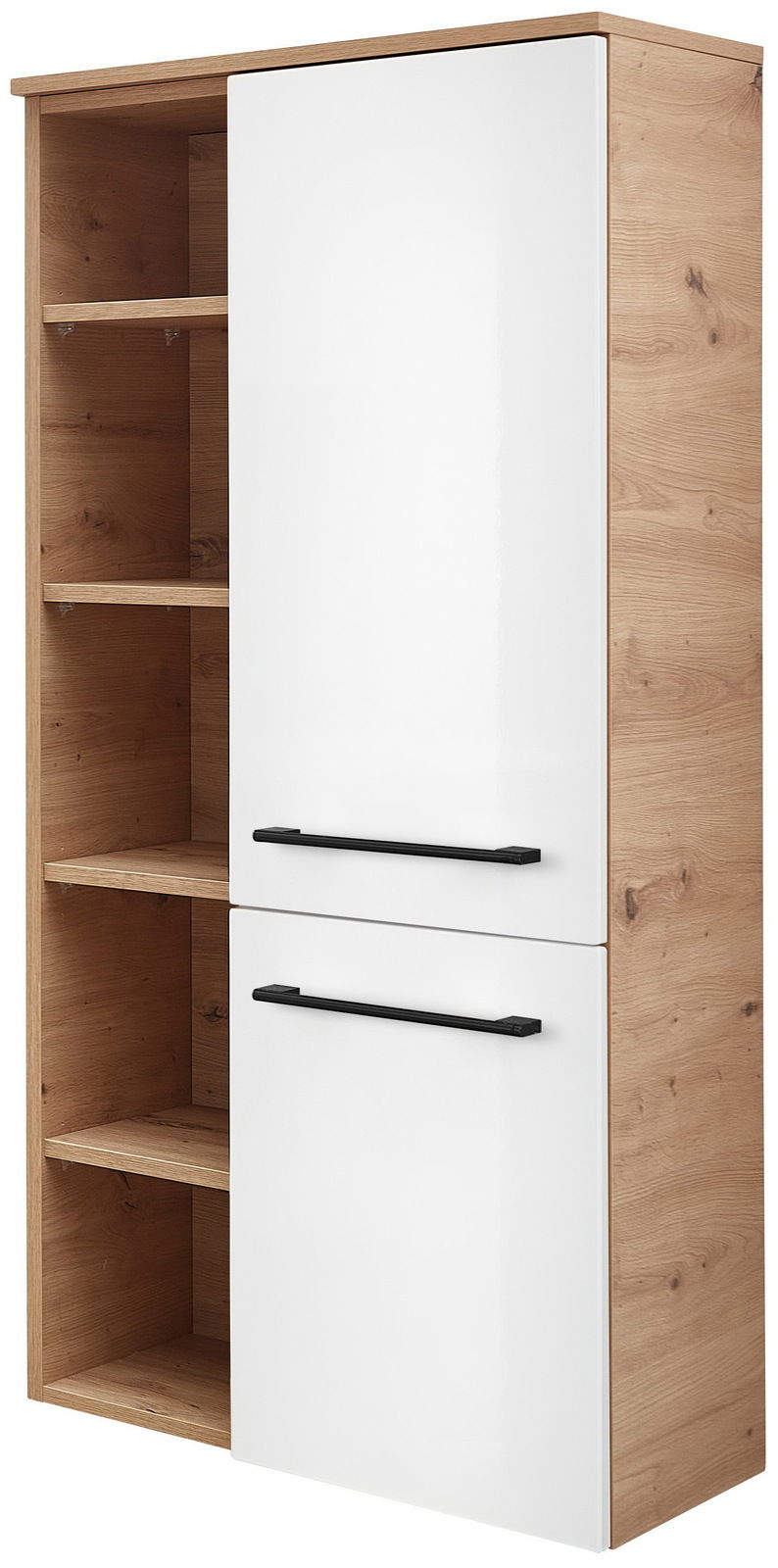 Midischrank mit Holzoptik und weißen Türen, seitliche Perspektive