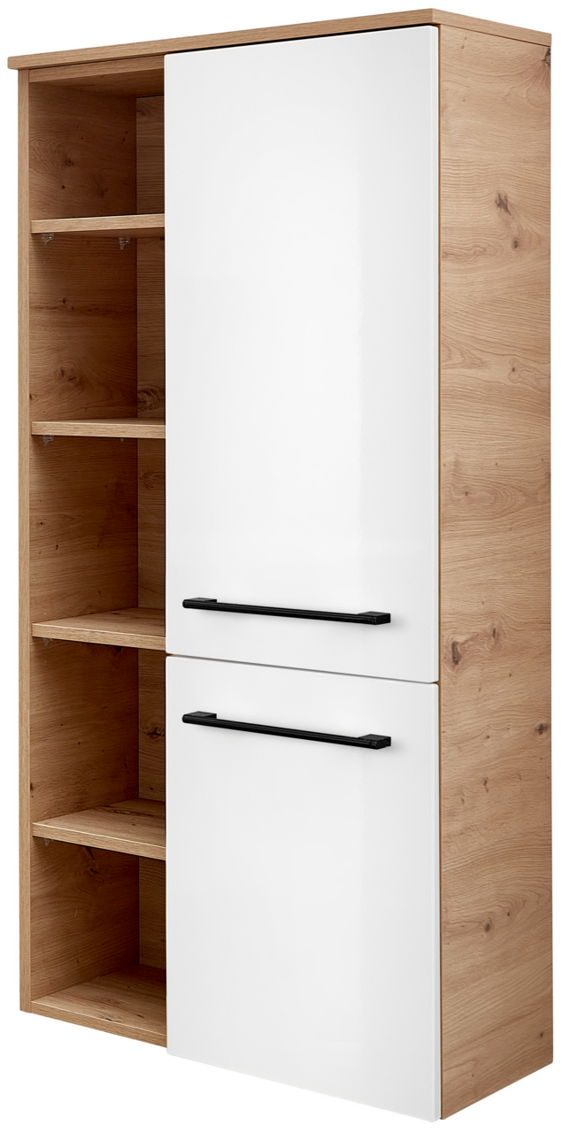 Midischrank mit Holzoptik und weißen Türen, seitliche Perspektive