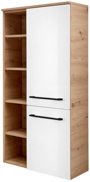 Midischrank mit Holzoptik und weißen Türen, seitliche Perspektive