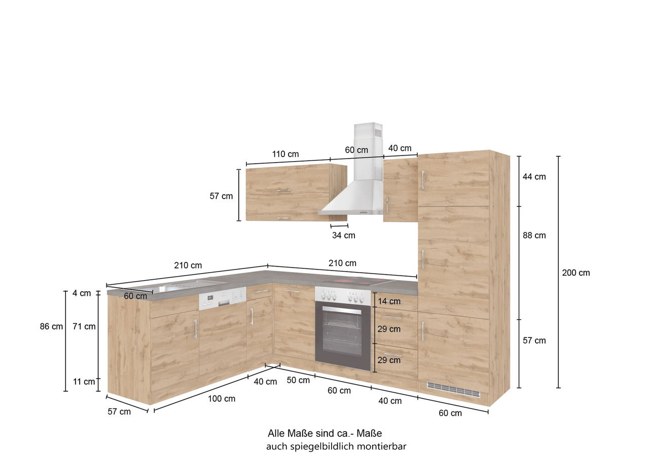 Eck-Küchenzeile in Holzoptik mit Geräten, Maße 210/270 cm, Frontansicht