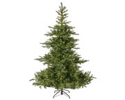 Vooraanzicht van een volle groene kunstkerstboom met warmwitte verlichting en zwarte metalen standaard tegen een witte achtergrond