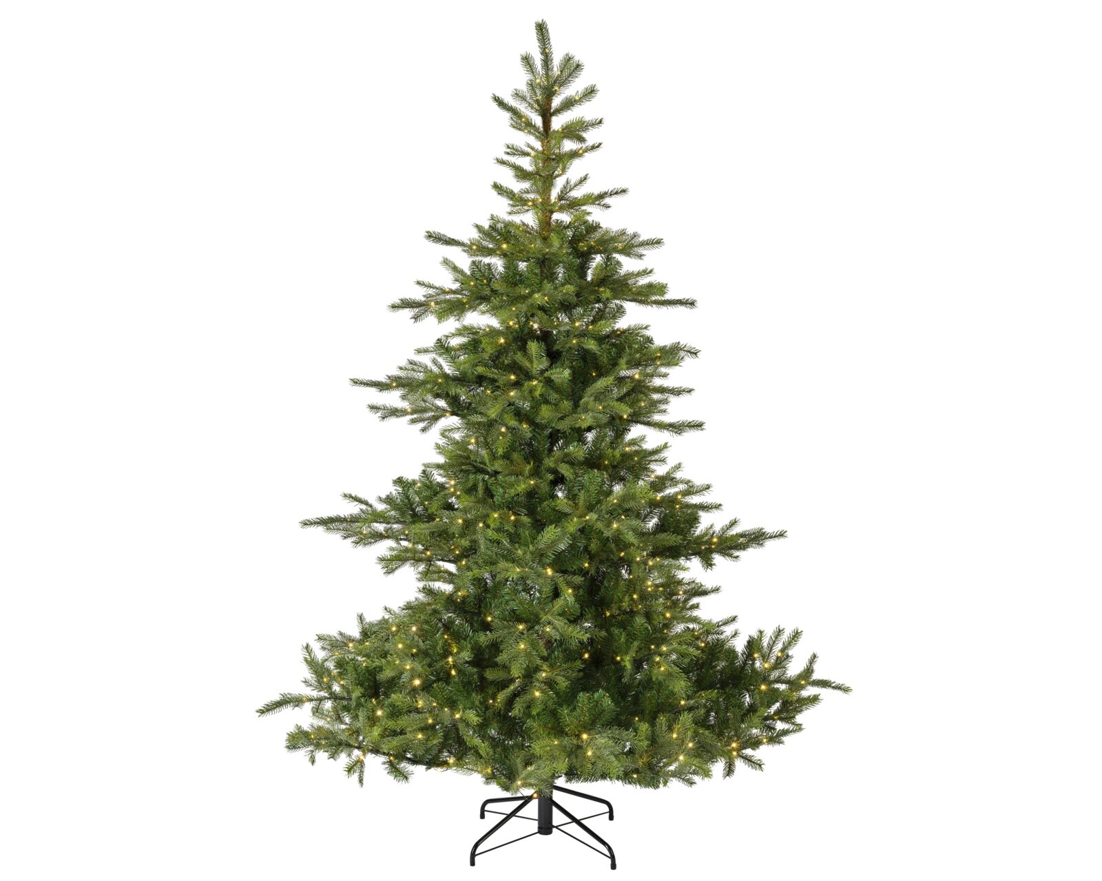 Vooraanzicht van een volle groene kunstkerstboom met warmwitte verlichting en zwarte metalen standaard tegen een witte achtergrond