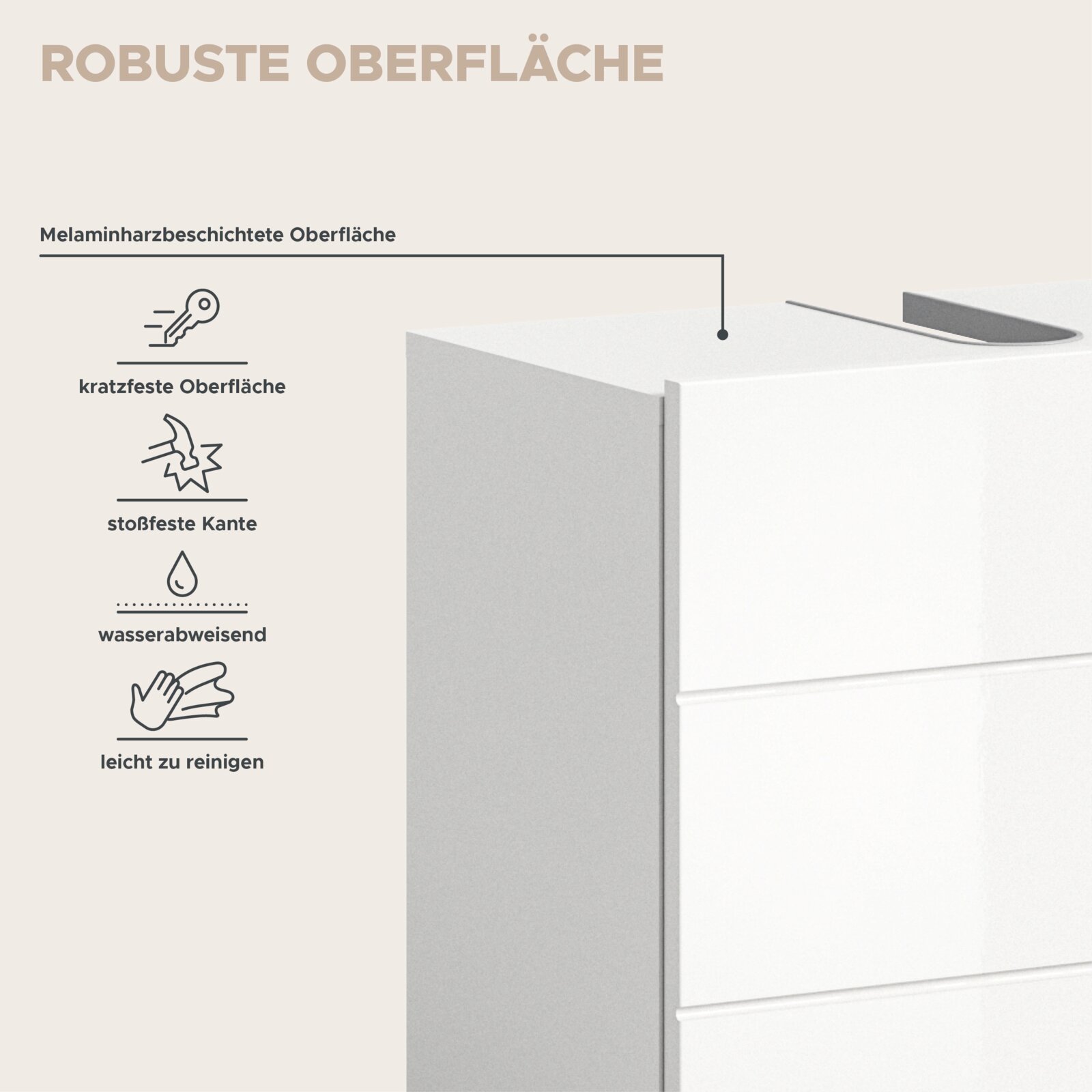 Badkombination mit robuster, melaminharzbeschichteter Oberfläche, kratzfest, stoßfeste Kante, wasserabweisend und leicht zu reinigen, seitliche Perspektive