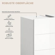 Badkombination mit robuster, melaminharzbeschichteter Oberfläche, kratzfest, stoßfeste Kante, wasserabweisend und leicht zu reinigen, seitliche Perspektive