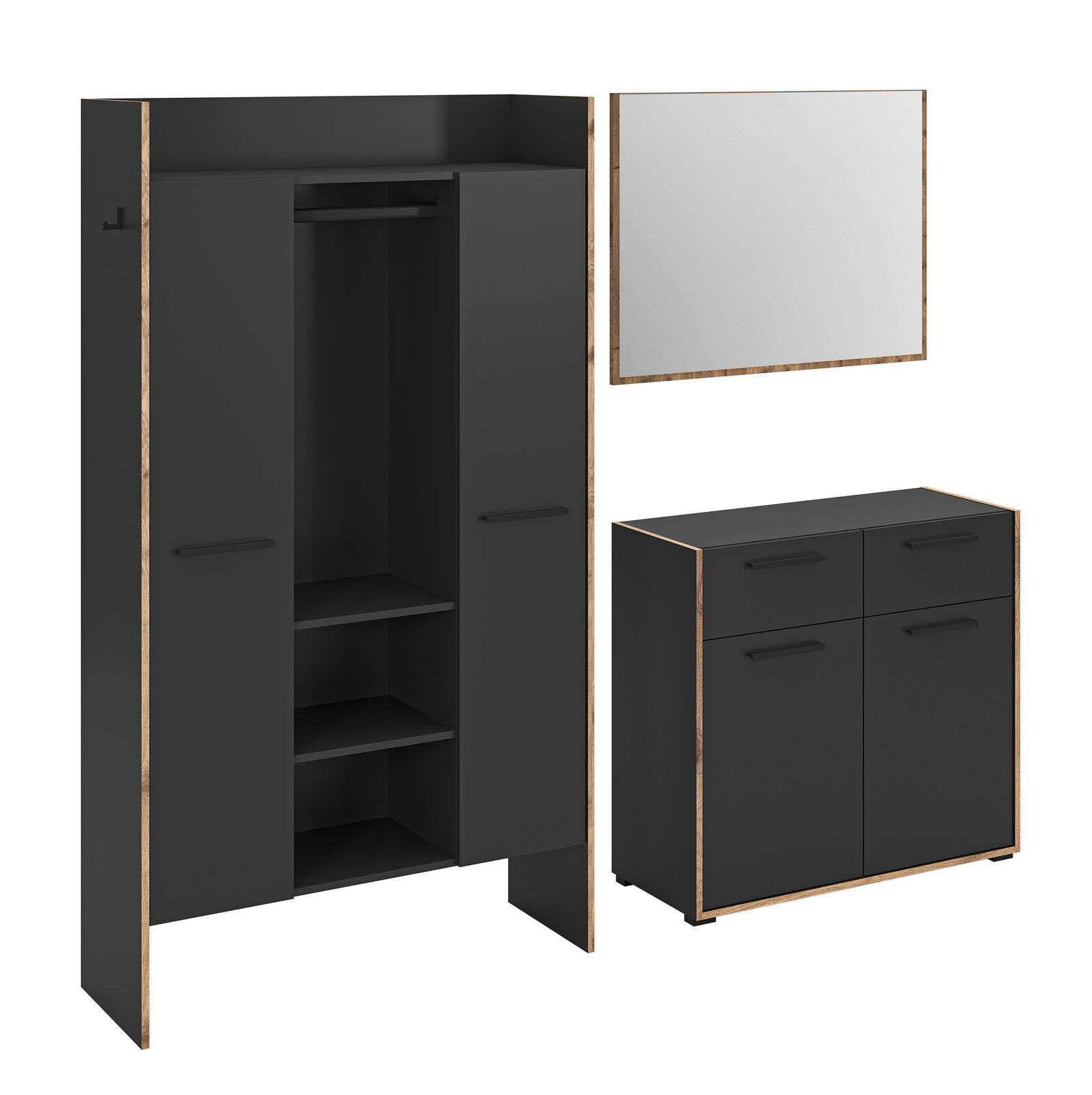 MID.YOU Garderobenkombination BUENO Schwarzes Garderoben-Set mit Kleiderschrank (geöffnete Türen, innen Kleiderstange und Einlegeböden), passendem Spiegel und Kommode mit Schubladen, Holzoptik-Kanten; Ansicht schräg von vorn.