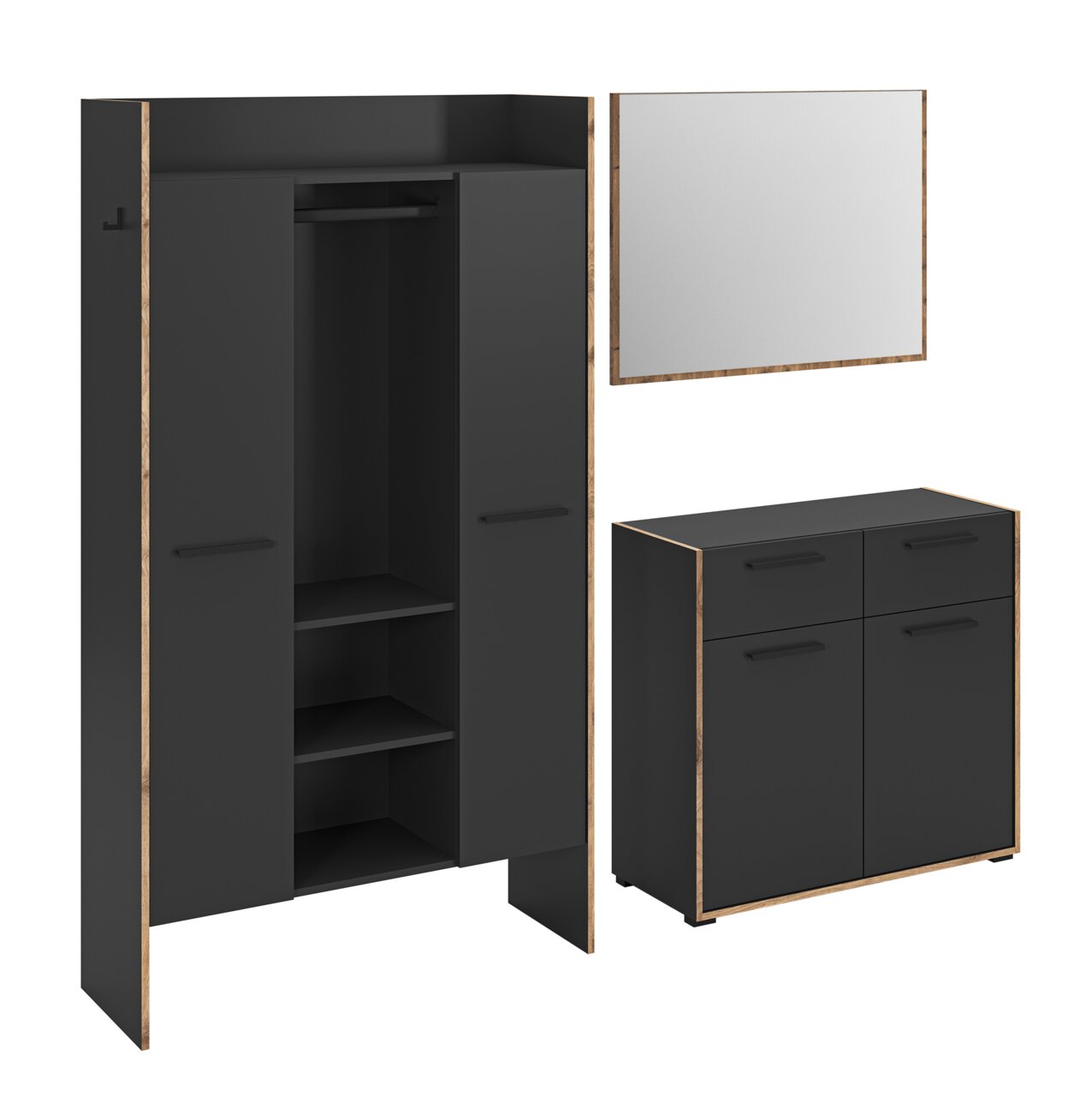 MID.YOU Garderobenkombination BUENO Schwarzes Garderoben-Set mit Kleiderschrank (geöffnete Türen, innen Kleiderstange und Einlegeböden), passendem Spiegel und Kommode mit Schubladen, Holzoptik-Kanten; Ansicht schräg von vorn.