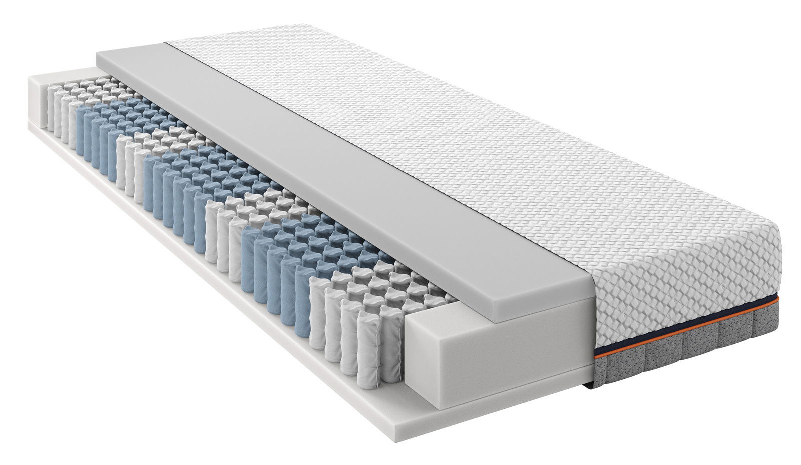 Novel TTFK-matratze H4 PULSE 220 TFK Querschnitt einer TTFK-Matratze mit sichtbaren Taschenfedern und Schaumstoffschichten, perspektivisch von der Seite gezeigt.