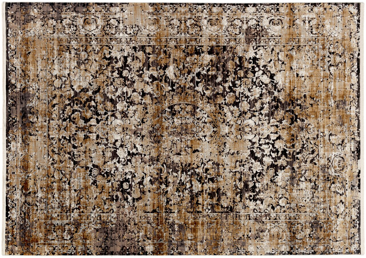 Designer Teppich mit komplexem, floralem Muster in Braun- und Beigetönen, Draufsicht