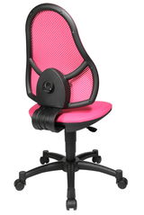 Rückansicht eines pinken Drehstuhls mit schwarzem Gestell und Rollen