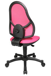 Rückansicht eines pinken Drehstuhls mit schwarzem Gestell und Rollen