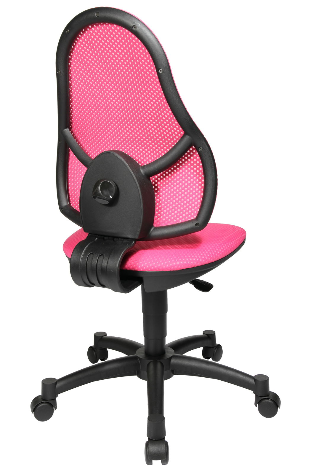 Rückansicht eines pinken Drehstuhls mit schwarzem Gestell und Rollen