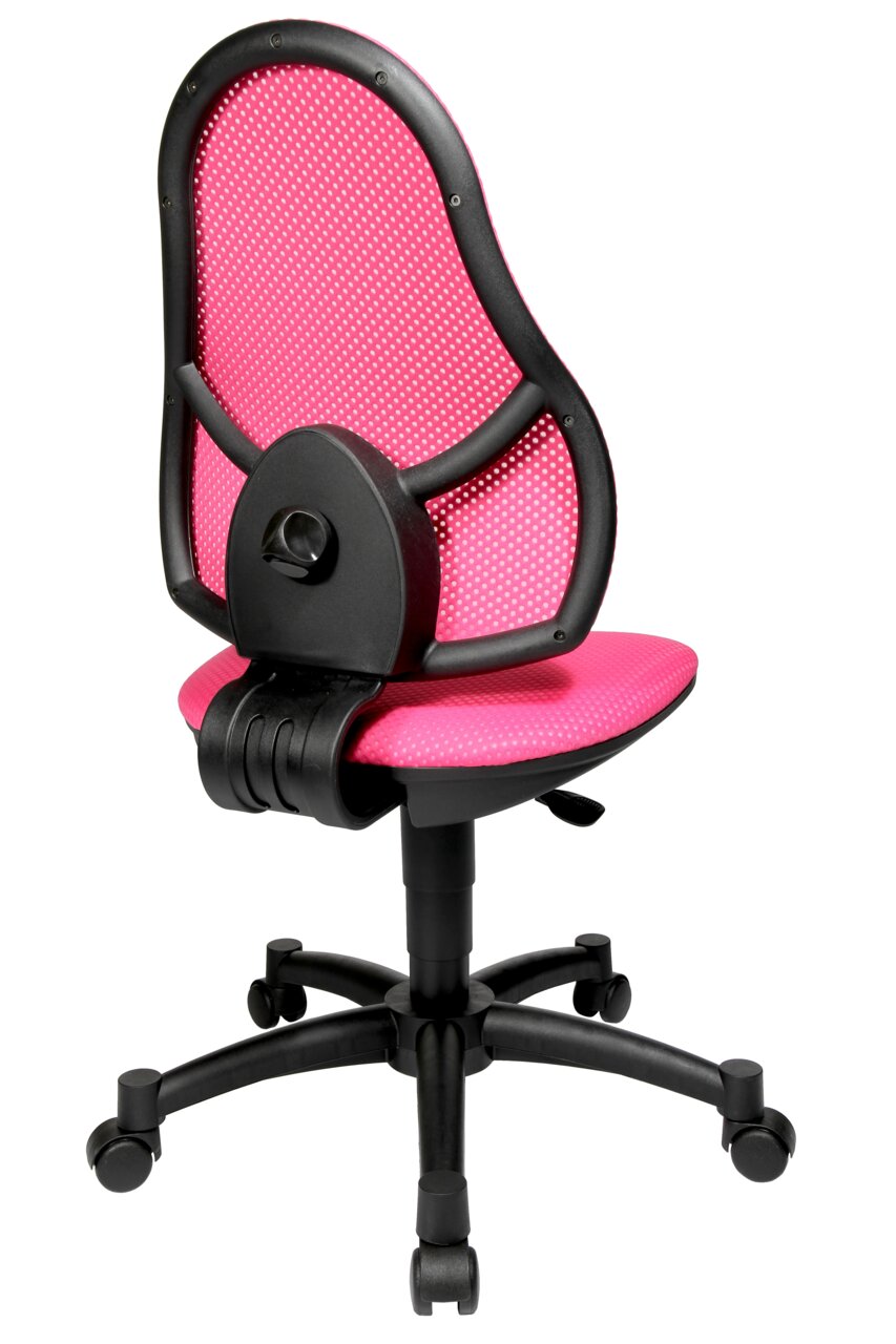 Achterkant van een roze draaistoel met een zwart frame en wieltjes