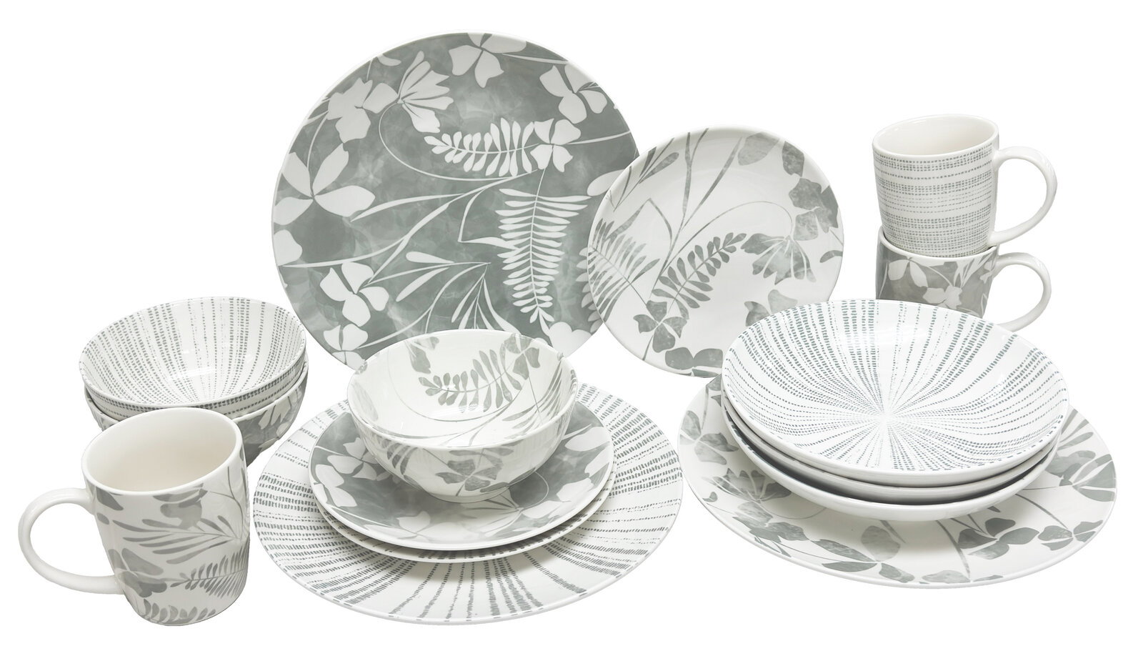 KEVOLI Kombiservice 30-tlg. SAIGON Kombiservice 30-tlg. mit floralem Muster in Grau und Weiß, bestehend aus Tellern, Schalen und Tassen, aus der Vorderansicht fotografiert.