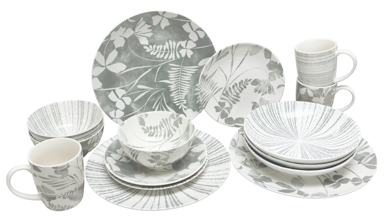 Kombiservice 30-tlg. mit floralem Muster in Grau und Weiß, bestehend aus Tellern, Schalen und Tassen, aus der Vorderansicht fotografiert.