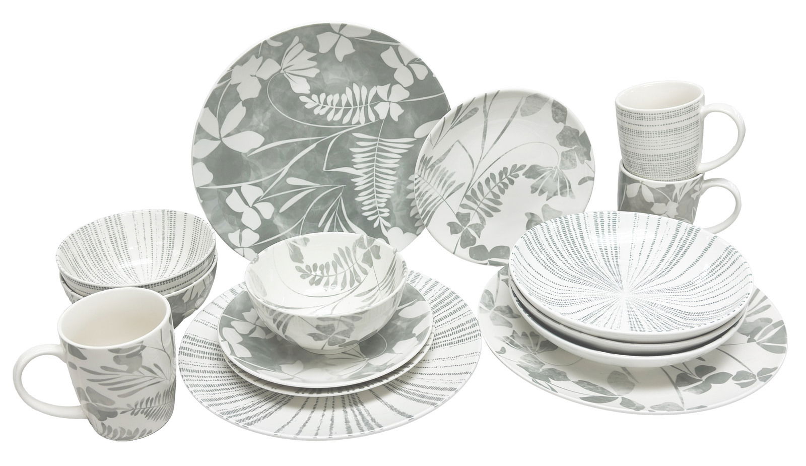 Kombiservice 30-tlg. mit floralem Muster in Grau und Weiß, bestehend aus Tellern, Schalen und Tassen, aus der Vorderansicht fotografiert.