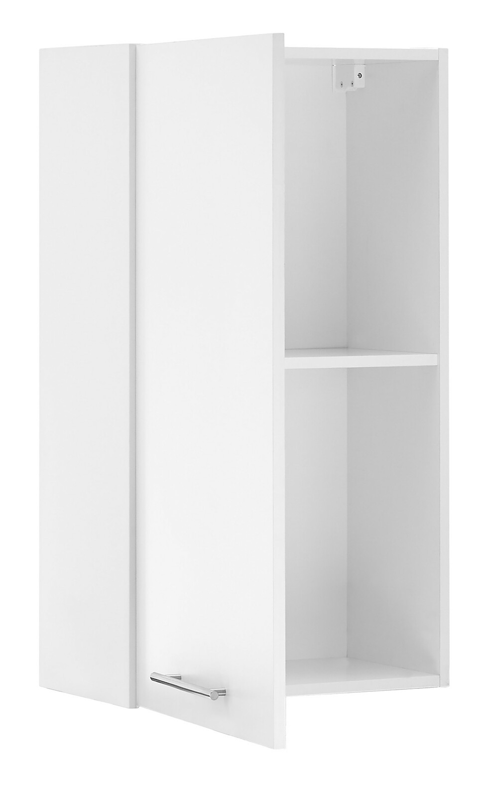 Weißer Hängeschrank mit geöffneter Tür, seitliche Perspektive