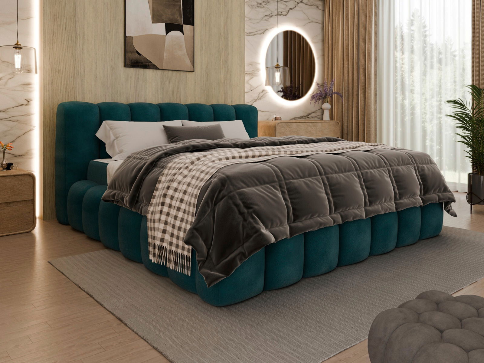 Modernes Polsterbett in einem stilvollen Schlafzimmer, seitliche Perspektive, mit grüner, gepolsterter Basis und Kopfteil, dekoriert mit grauer Bettdecke und kariertem Überwurf.