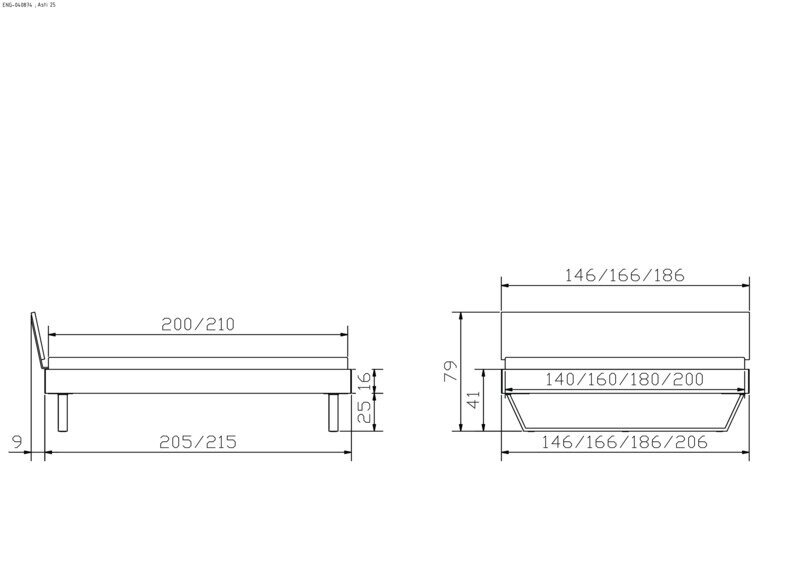 Technische tekening van een bedframe met zijaanzicht en vooraanzicht, inclusief maatvoering.
