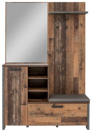 Rustikale Garderobe mit Spiegel, Holzoptik und Sitzbank, Frontalansicht