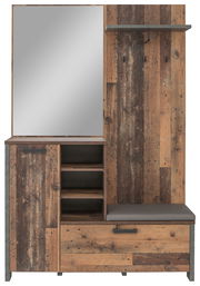 Rustikale Garderobe mit Spiegel, Holzoptik und Sitzbank, Frontalansicht