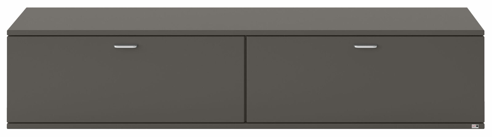 Frontansicht eines modernen, grauen TV-Lowboards mit zwei Türen und silbernen Griffen.