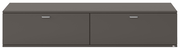 Frontansicht eines modernen, grauen TV-Lowboards mit zwei Türen und silbernen Griffen.