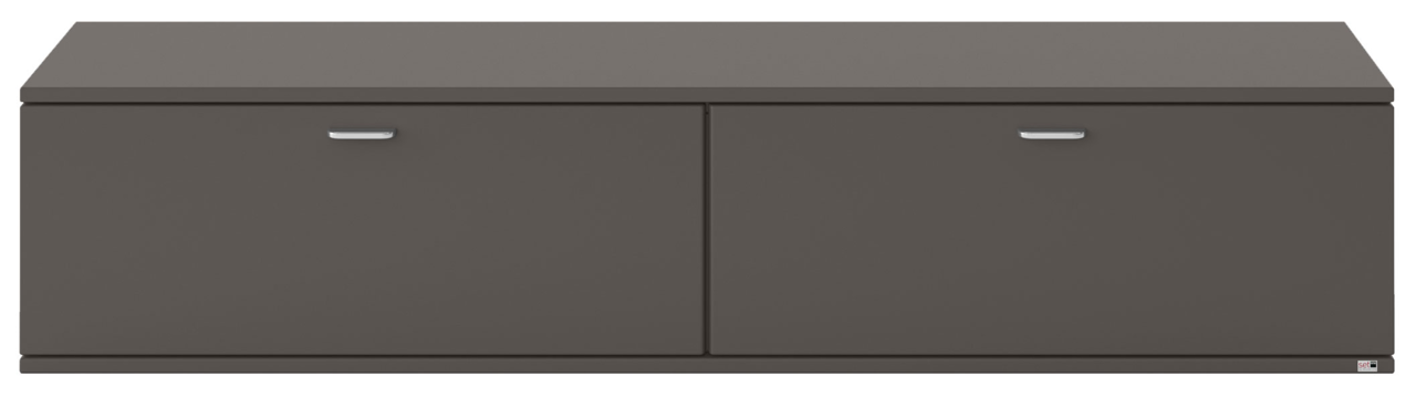 Frontansicht eines modernen, grauen TV-Lowboards mit zwei Türen und silbernen Griffen.