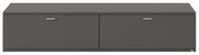 Frontansicht eines modernen, grauen TV-Lowboards mit zwei Türen und silbernen Griffen.