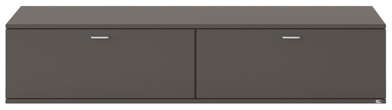 Frontansicht eines modernen, grauen TV-Lowboards mit zwei Türen und silbernen Griffen.