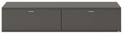 Frontansicht eines modernen, grauen TV-Lowboards mit zwei Türen und silbernen Griffen.