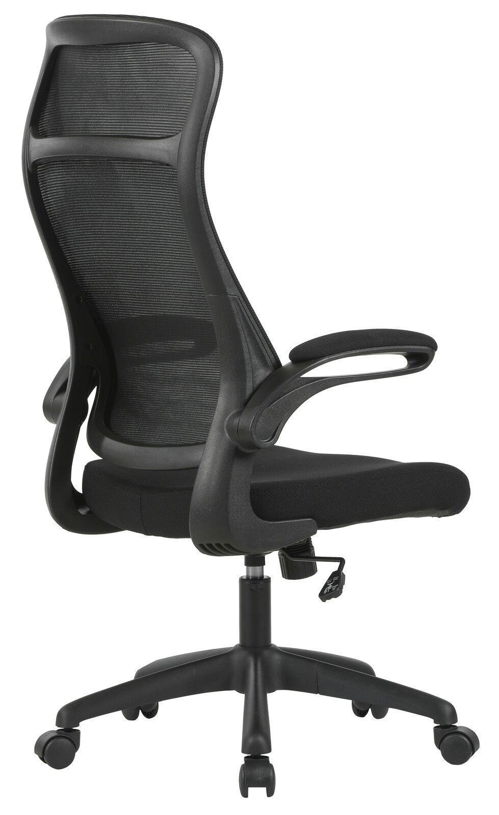 Schwarzer Drehstuhl mit Netzrückenlehne und Armlehnen, seitliche Perspektive