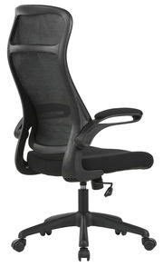 Schwarzer Drehstuhl mit Netzrückenlehne und Armlehnen, seitliche Perspektive