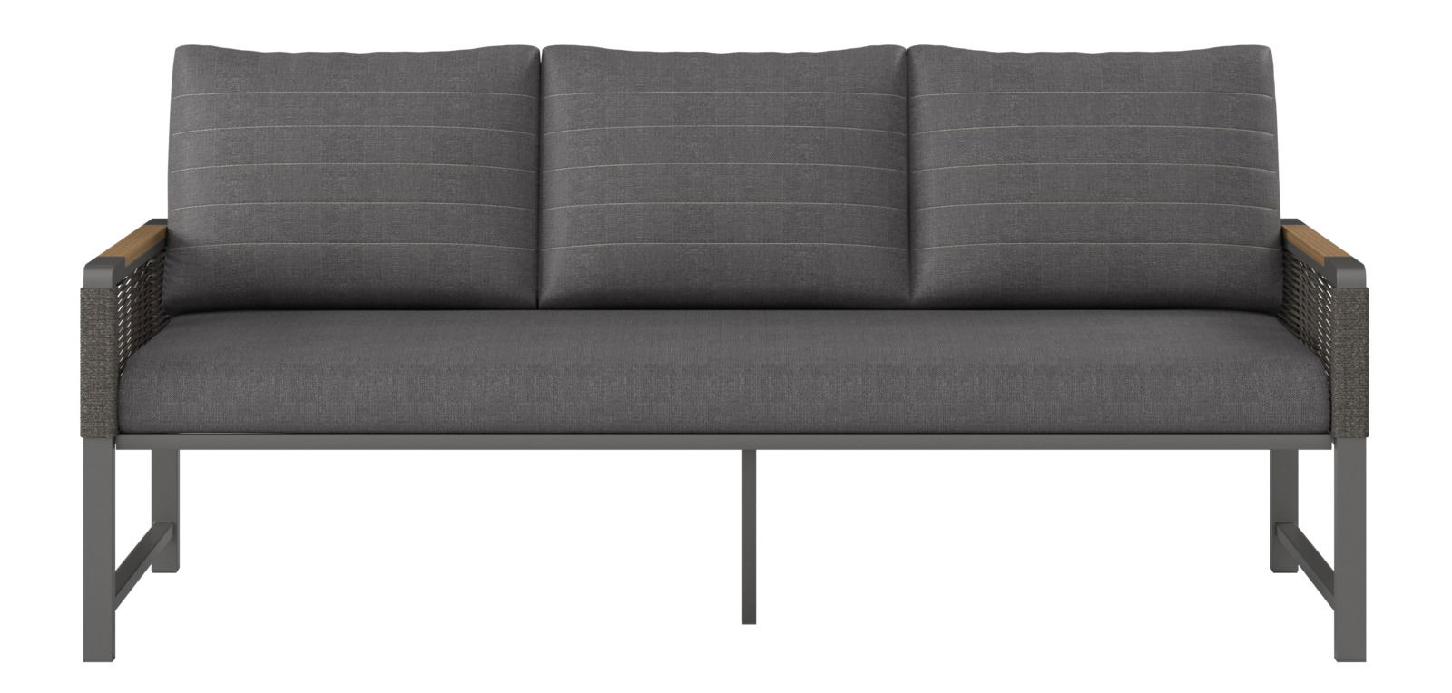 Dreisitze-Sitzbank in grauem Stoff mit Metallrahmen, von vorne gesehen.