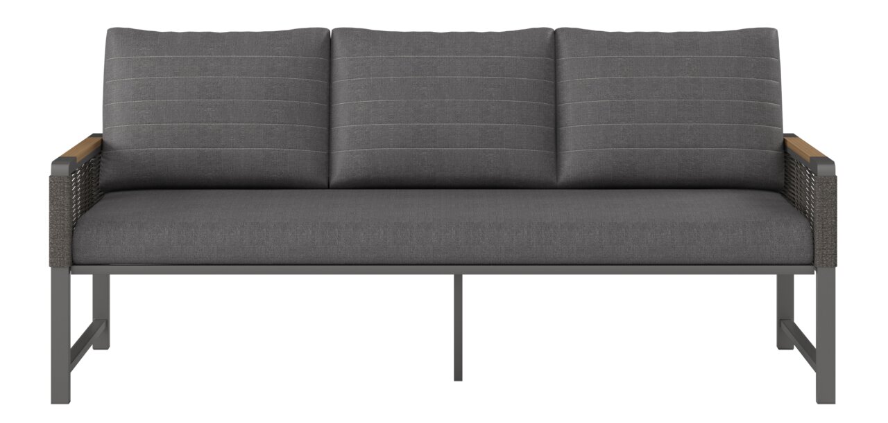 Dreisitze-Sitzbank in grauem Stoff mit Metallrahmen, von vorne gesehen.