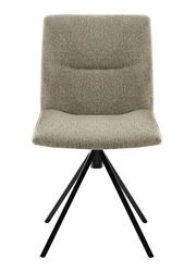 Moderner Stuhl mit gepolsterter Sitzfläche und Rückenlehne in beige, auf schwarzem Metallgestell, Frontalansicht.