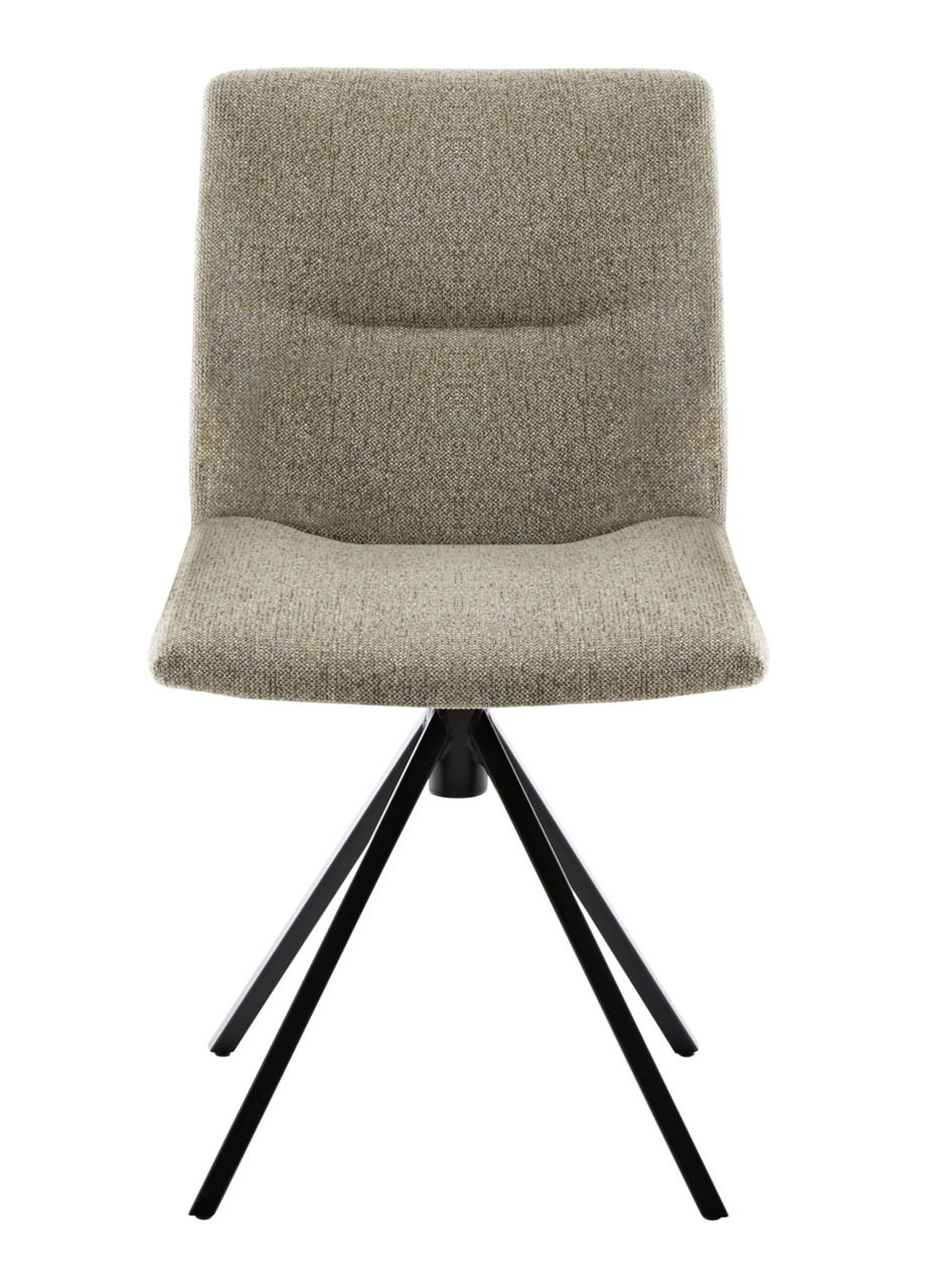 Moderner Stuhl mit gepolsterter Sitzfläche und Rückenlehne in beige, auf schwarzem Metallgestell, Frontalansicht.