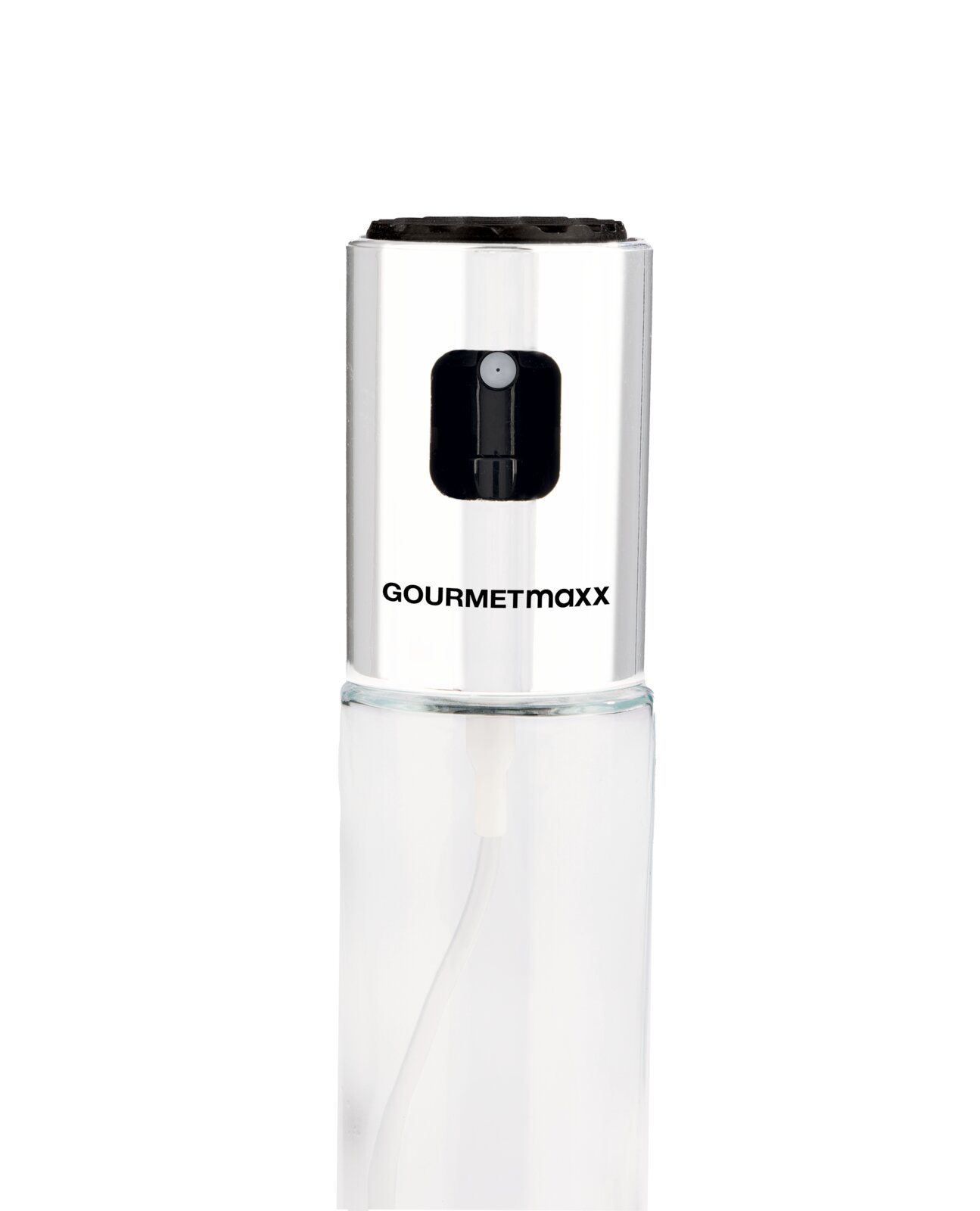 GOURMETmaxx Flüssigkeitssprüher mit transparentem Behälter und silberfarbenem Gehäuse in frontaler Ansicht