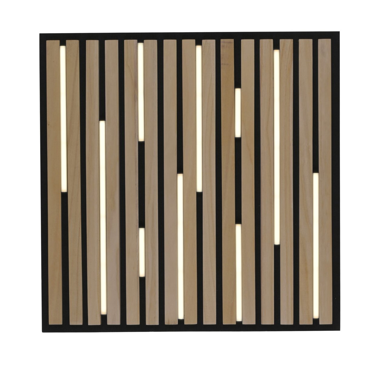 Moderne Wand- und Deckenleuchte Q-AKUS mit Holzlamellen und integrierter Beleuchtung, Frontalansicht.