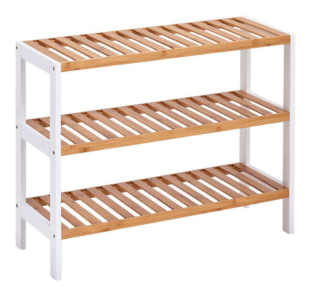Schuhregal mit drei Ablagen aus Holz und weißem Rahmen, seitliche Perspektive