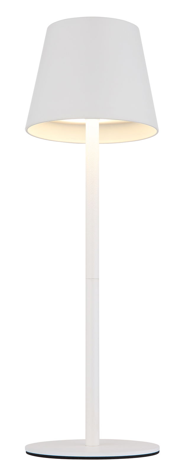 Weiße Akku-Tischleuchte VANNIE 3 in, frontal abgebildet mit rundem Lampenschirm und schlankem Standfuß.
