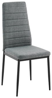 Grauer, gepolsterter Stuhl mit Metallbeinen, seitliche Perspektive